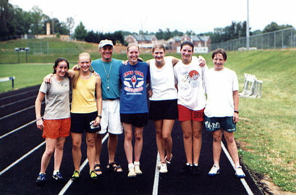 1999 Junior Olympics Hurdlers. LtoR  Michele Peterson, Rene Barefoot, Coach Pantas, Aimy Riley, Diana Manee, Ginger Jordan, Sarah